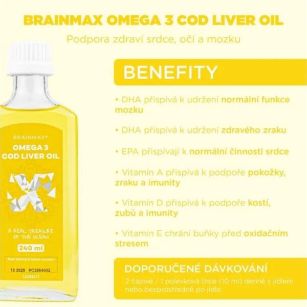 BrainMax Omega 3 | Olej z tresčích jater - citrón | 24 dávek - 240 ml BrainMax Omega 3 | Olej z tresčích jater - citrón | 24 dávek - 240 ml