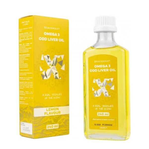 BrainMax Omega 3 | Olej z tresčích jater - citrón | 24 dávek - 240 ml BrainMax Omega 3 | Olej z tresčích jater - citrón | 24 dávek - 240 ml