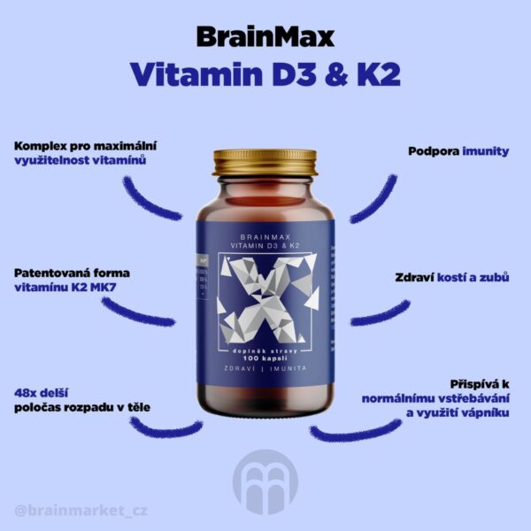 Vitamin D3 & K2 | D3 5000 IU / K2 150 mcg BrainMax | 100 rostlinných kapslí Vitamin D3 & K2 | D3 5000 IU / K2 150 mcg BrainMax | 100 rostlinných kapslí